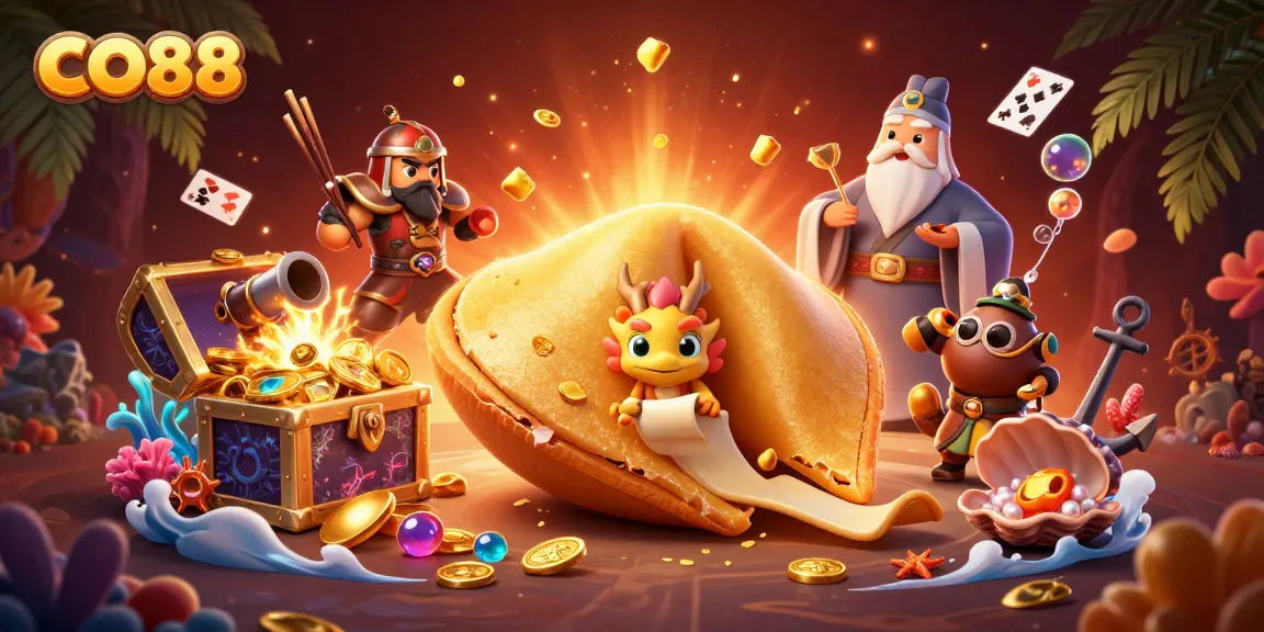 Engage with CO88’s gaming adventure featuring a giant fortune cookie and treasure-filled scene for casino excitement.