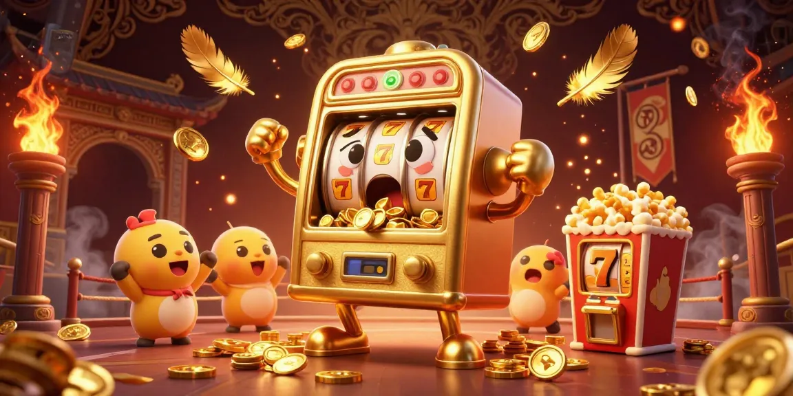 Experience the owltoto excitement with a golden slot machine hitting a jackpot amidst cheering companions.