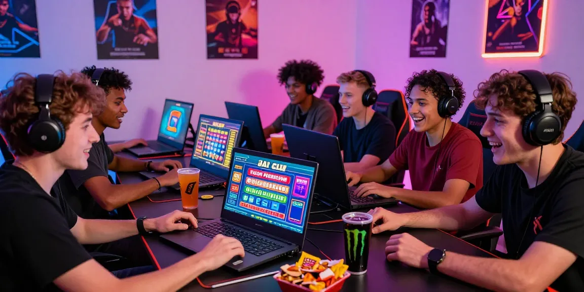 Friends playing jai club games on a laptop with snacks in a vibrant room.
