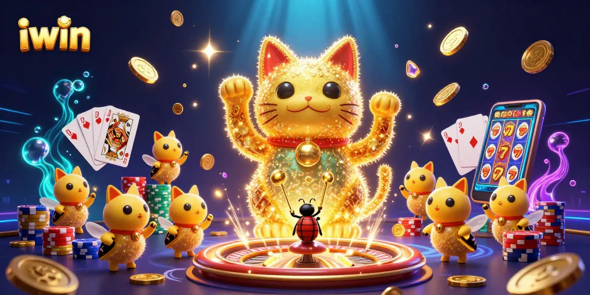 Experience the excitement of iwin with a vibrant 3D illustration showcasing casino elements and a lucky cat.