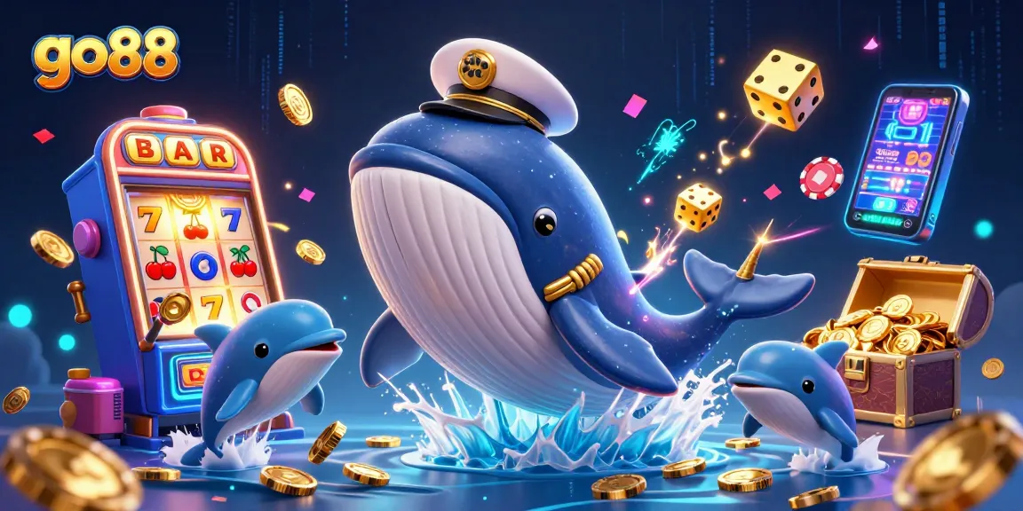Experience the excitement of go 88 with a colorful casino-themed illustration featuring a whale, narwhal, and dolphins.