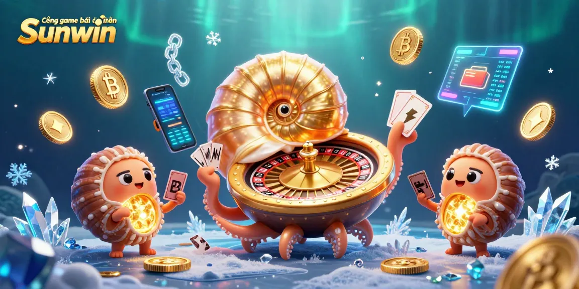 Cổng game bài đổi thưởng Sunwin showcases a vibrant 3D gambling scene featuring a giant nautilus as a roulette wheel.