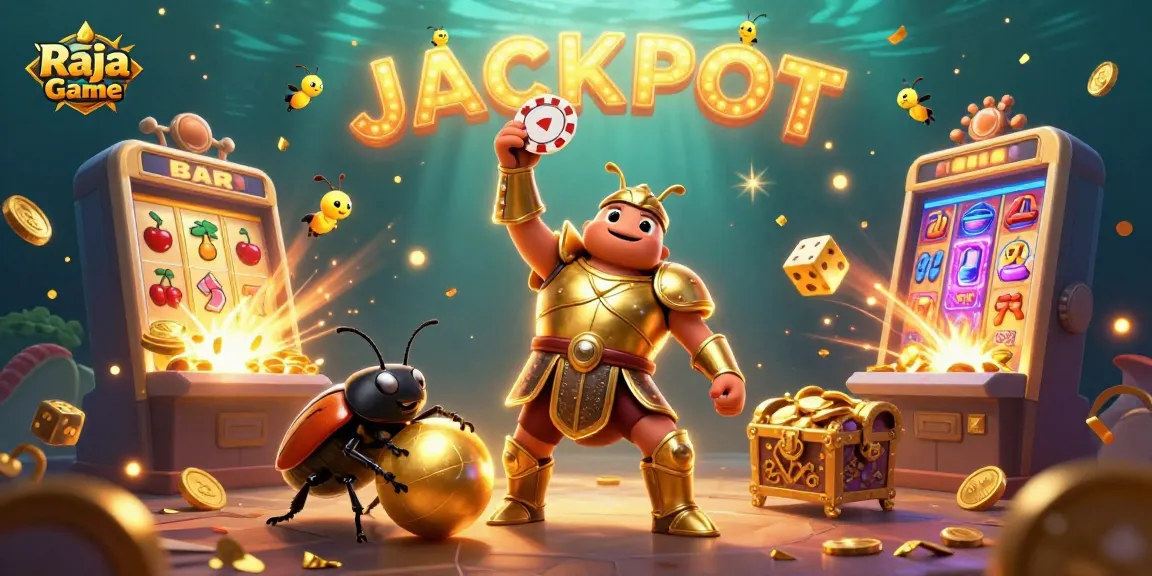 Win big with Raja Game while a glorious beetle lifts the jackpot poker chip amidst colorful casino elements