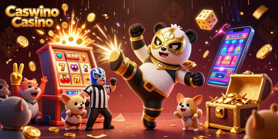 Experience the excitement of Caswino Casino with a lively scene featuring a panda wrestler and animal spectators at a jackpot celebration.