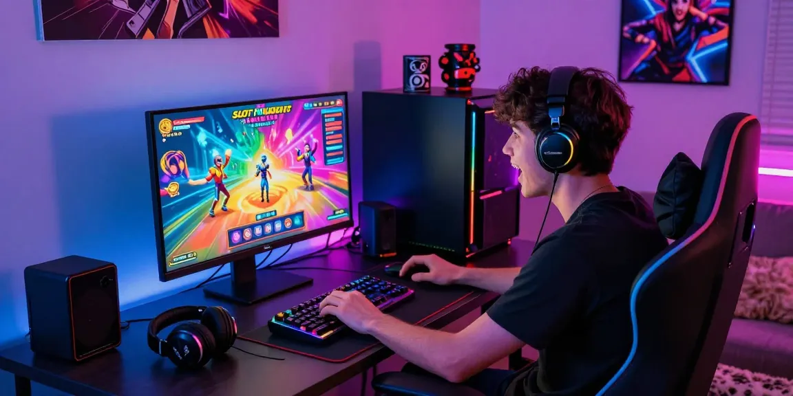 Exciting Slot Pragmatic gaming scene with player immersed in vibrant graphics at a modern desk.