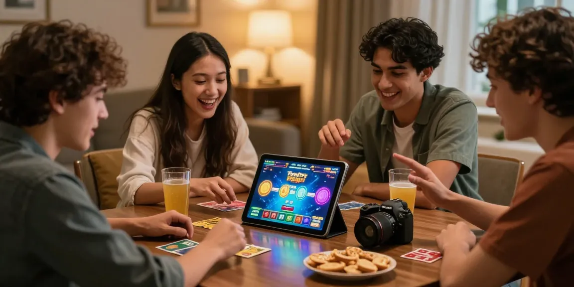 Social gaming with friends as they enjoy Teen Patti Gold download link in a cozy living room.