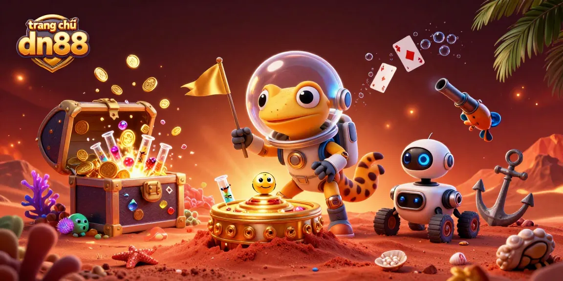 Experience the thrilling world of trang chủ dn88 with a dynamic 3D illustration showcasing a Martian gecko uncovering a hidden casino.