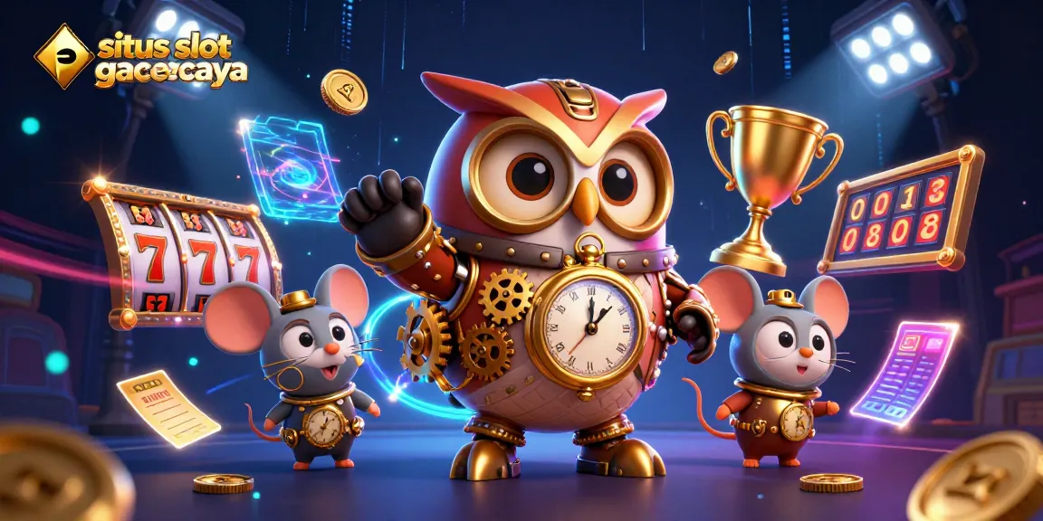 Win big with situs slot gacor terpercaya in a vibrant casino scene featuring an owl, coins, and slot machines.