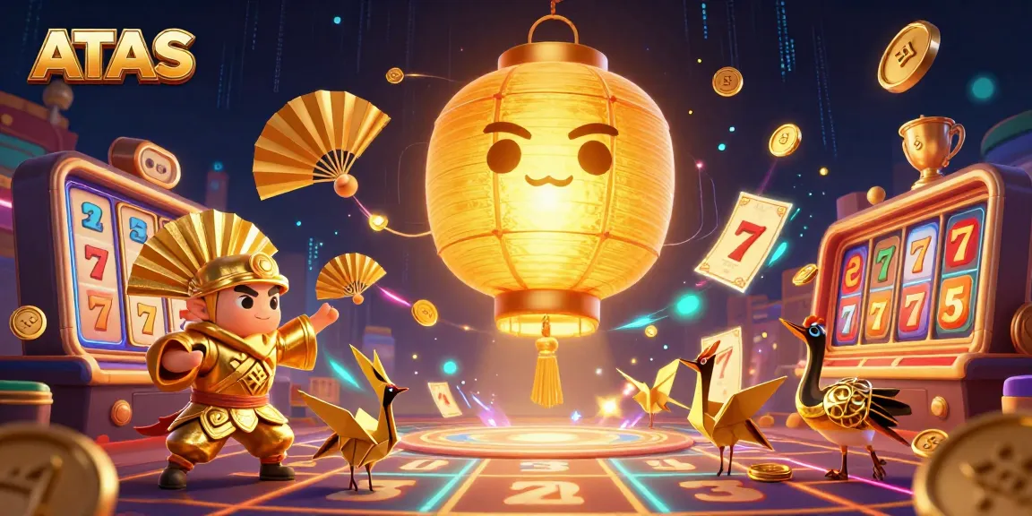 ATAS casino captivating illustration featuring a giant golden spirit and game elements in a dynamic scene.