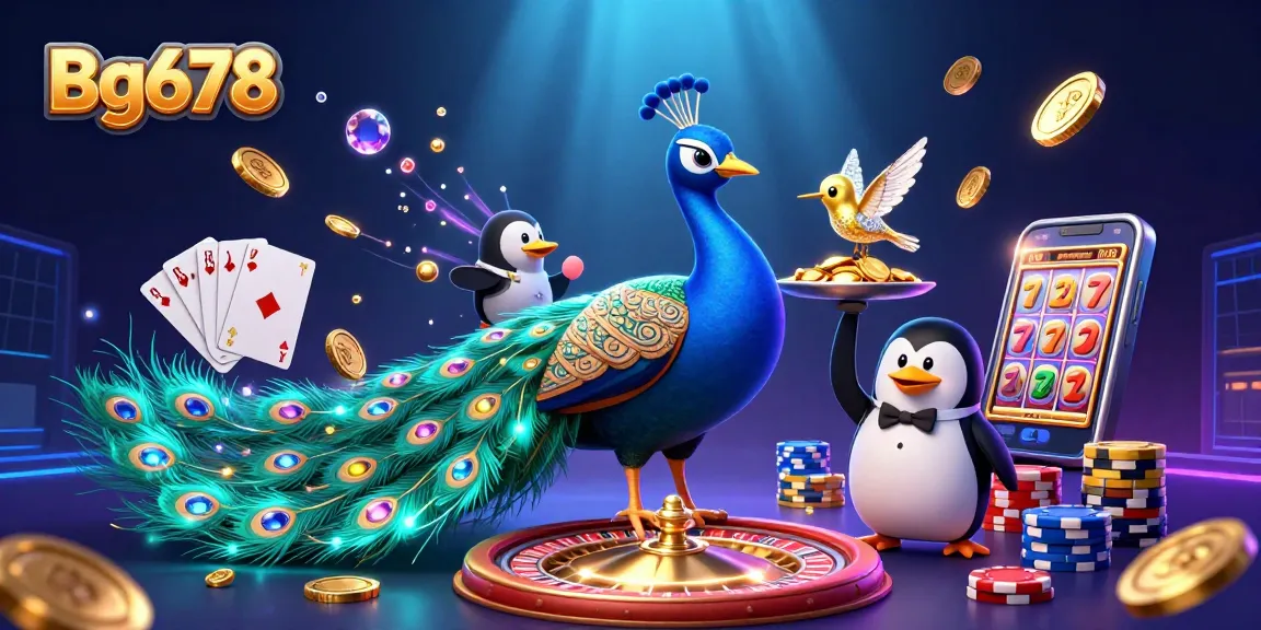 Experience thrilling play with Bg678, showcased by a dazzling peacock, butler penguin, and golden hummingbird in a vibrant casino scene.