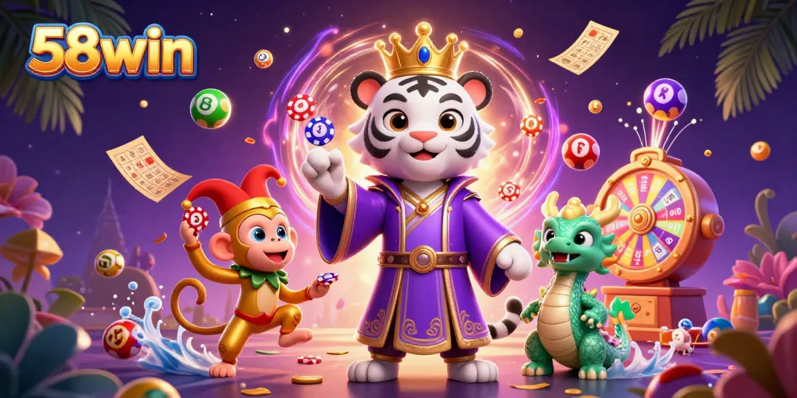 Win big with 58win while experiencing dynamic lottery excitement with vibrant characters.