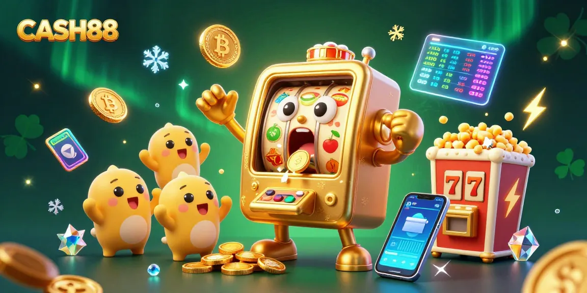 CASH88 jackpot scene featuring a golden slot machine winning coins with cheering mini slot machines and golden popcorn.
