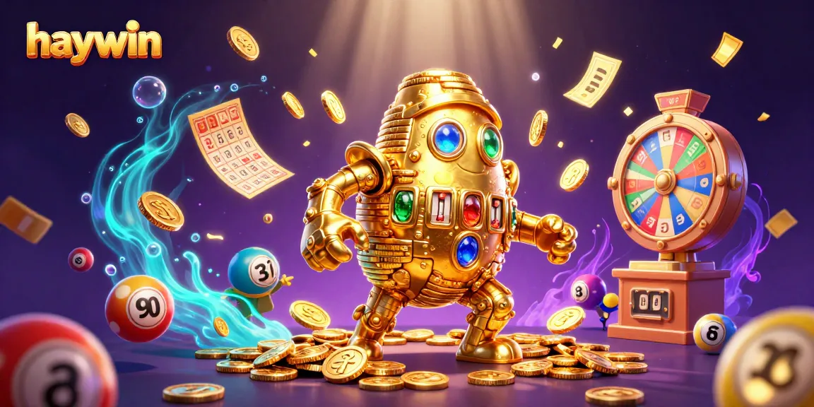 Experience excitement at Haywin with vibrant lottery elements and a golden golem in a dynamic casino scene.