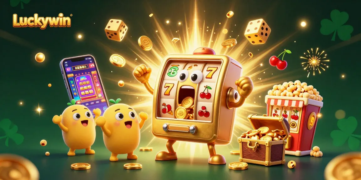 Experience the Luckywin excitement as the golden slot machine hits its jackpot, showering coins in a vibrant casino setting.