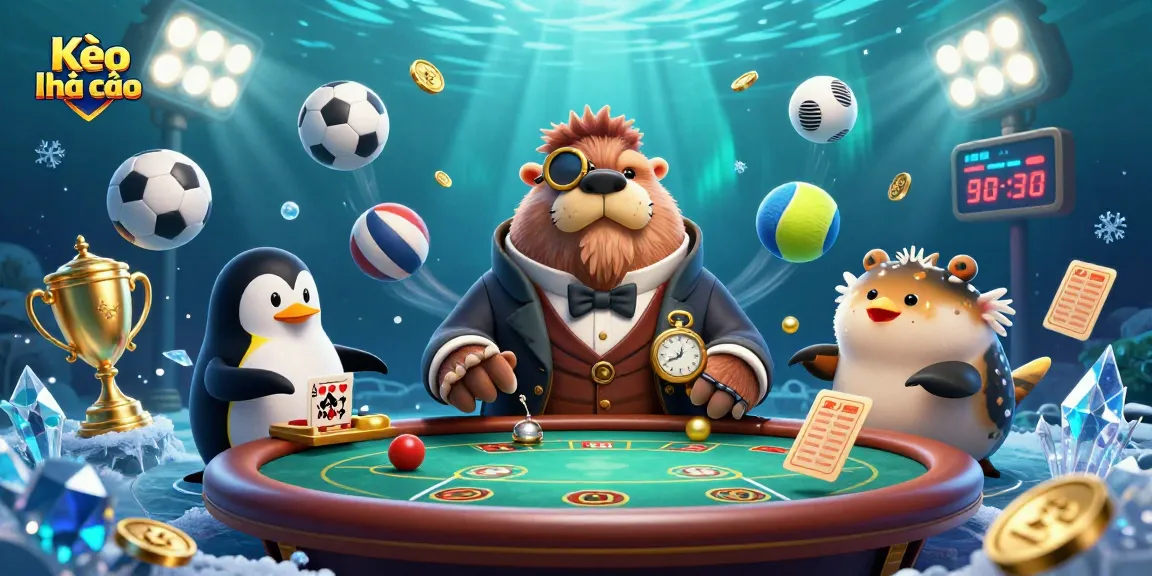 Kèo nhà cái showcases a jolly walrus at an underwater poker table, surrounded by dynamic sports elements.