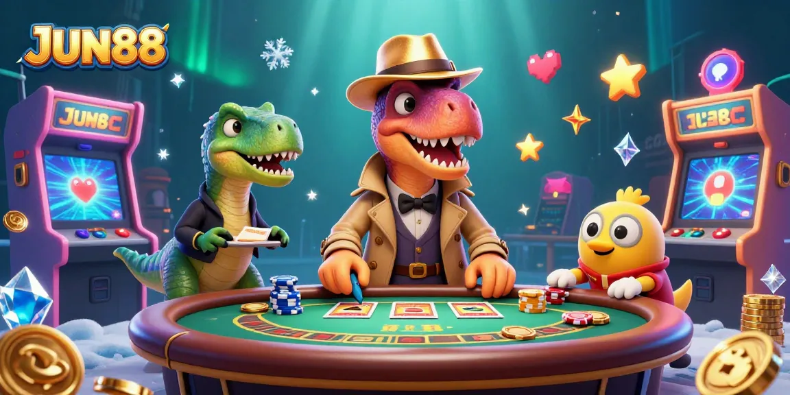 JUN88 card counter velociraptor cleverly blending in at a blackjack table with casino excitement.