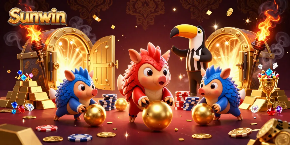 Sunwin casino experience with vibrant pangolins and golden elements portraying a lively gaming atmosphere.