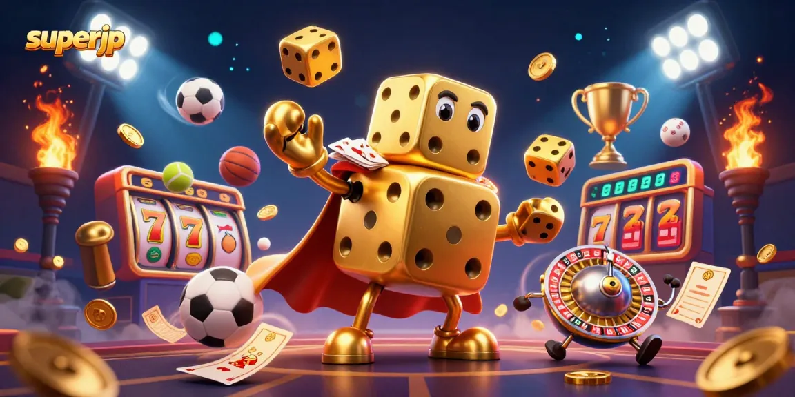 Engage with superjp in a vibrant casino scene featuring dynamic slot elements and golden dice.