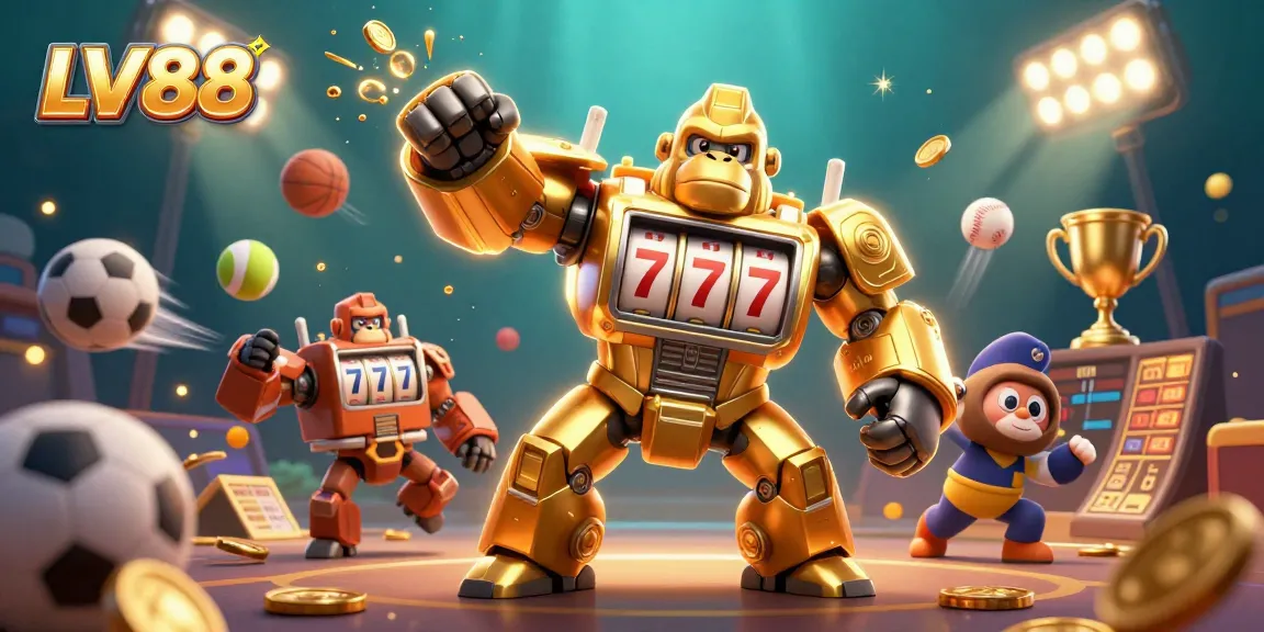 Experience the thrill of LV88 with a 3D gorilla mech and dynamic gaming elements in this vibrant illustration.