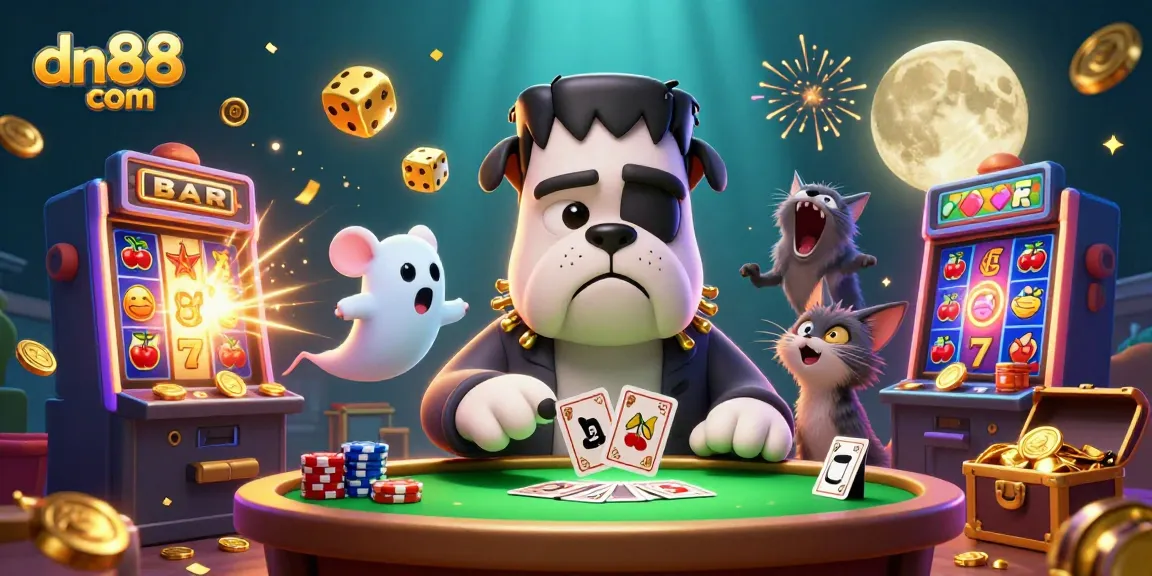 Experience thrilling gameplay at dn88 com with a lively casino atmosphere featuring a 3D Frankenstein bulldog dealer.