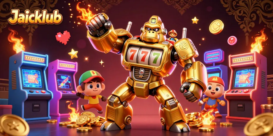 Jaiclub gaming action featuring a golden gorilla mech with slot machine parts amidst arcade game elements.