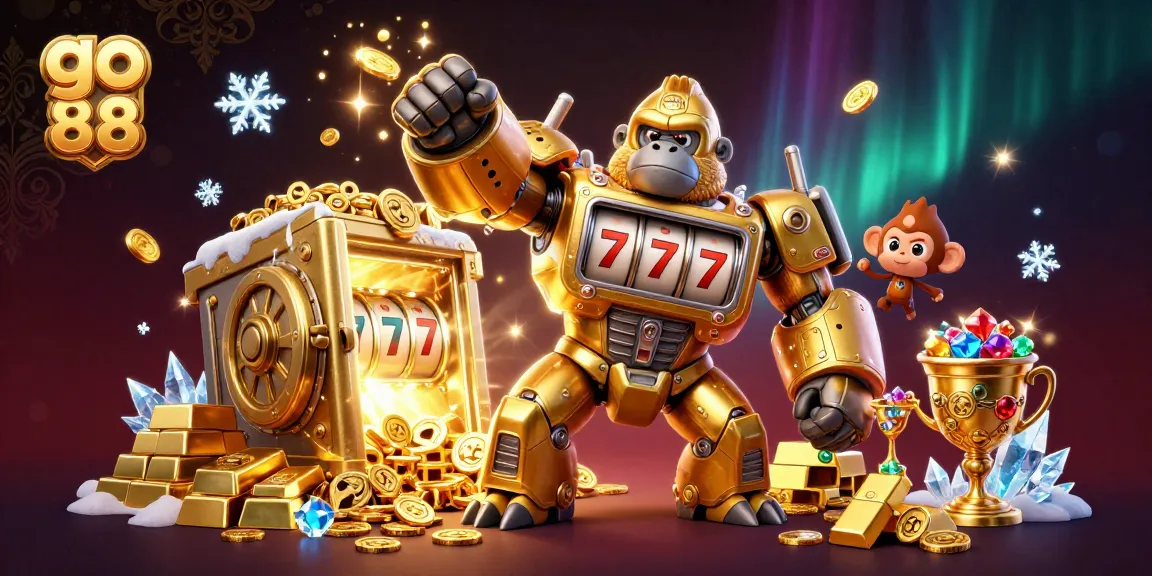 Experience the excitement of go 88 with a golden gorilla mech surrounded by coins and treasures.