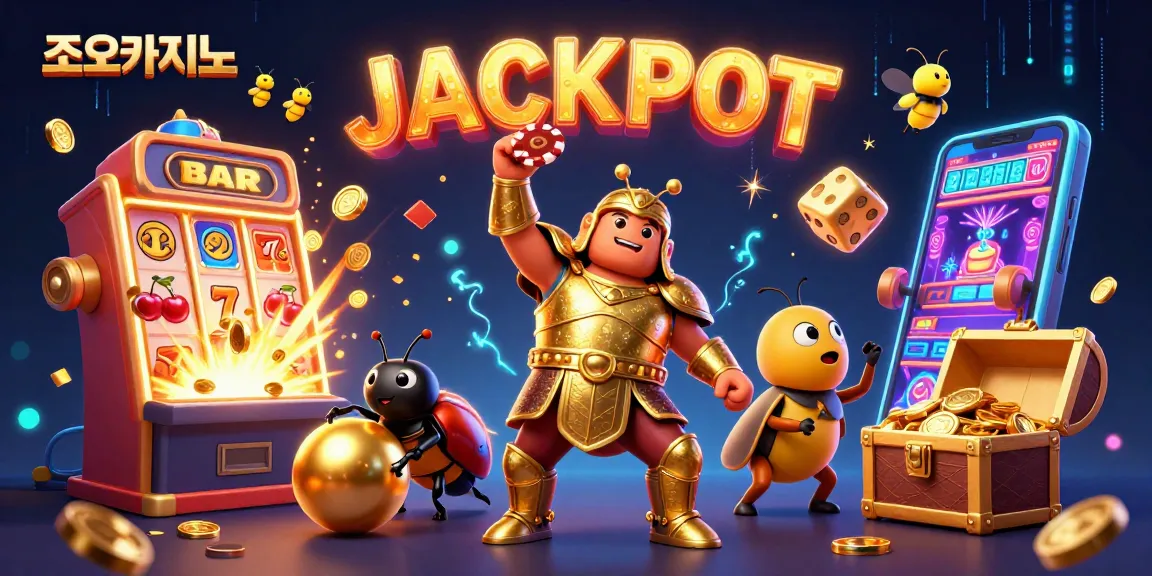 Experience the excitement of 조이카지노 as a Hercules beetle lifts a poker chip amidst a jackpot explosion of casino symbols.