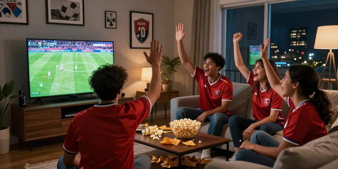 Friends watching مباريات اليوم in excitement during a live football match at home.