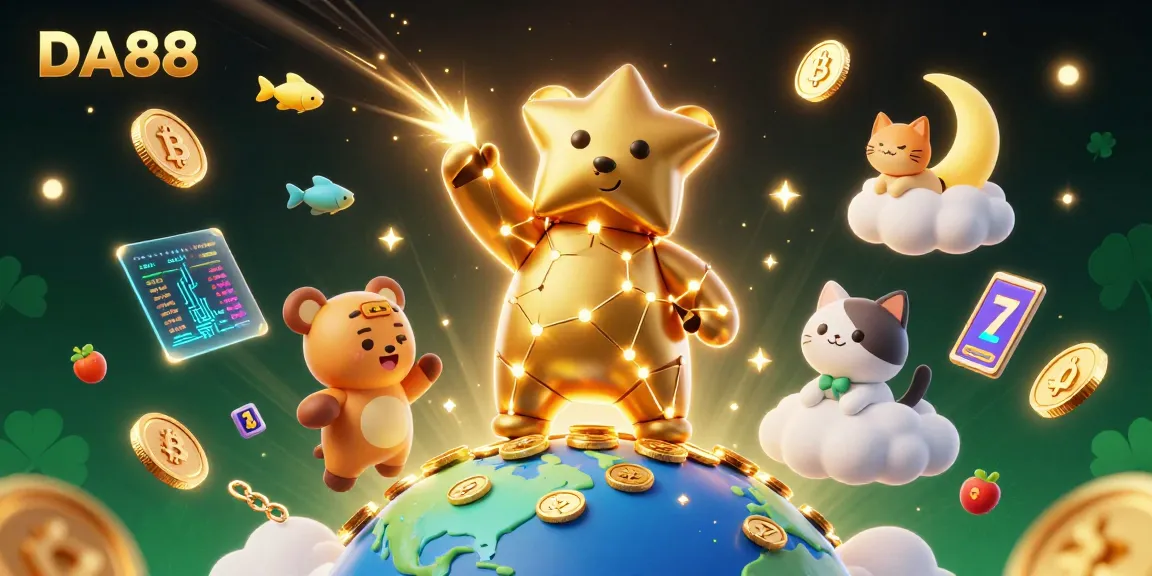Engage with DA88's vibrant casino world showcasing golden constellation characters, slots, and crypto elements.