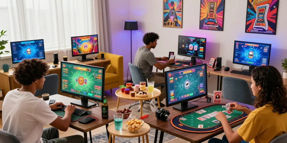 Play games online with friends in a vibrant living room filled with interactive card gaming setups.