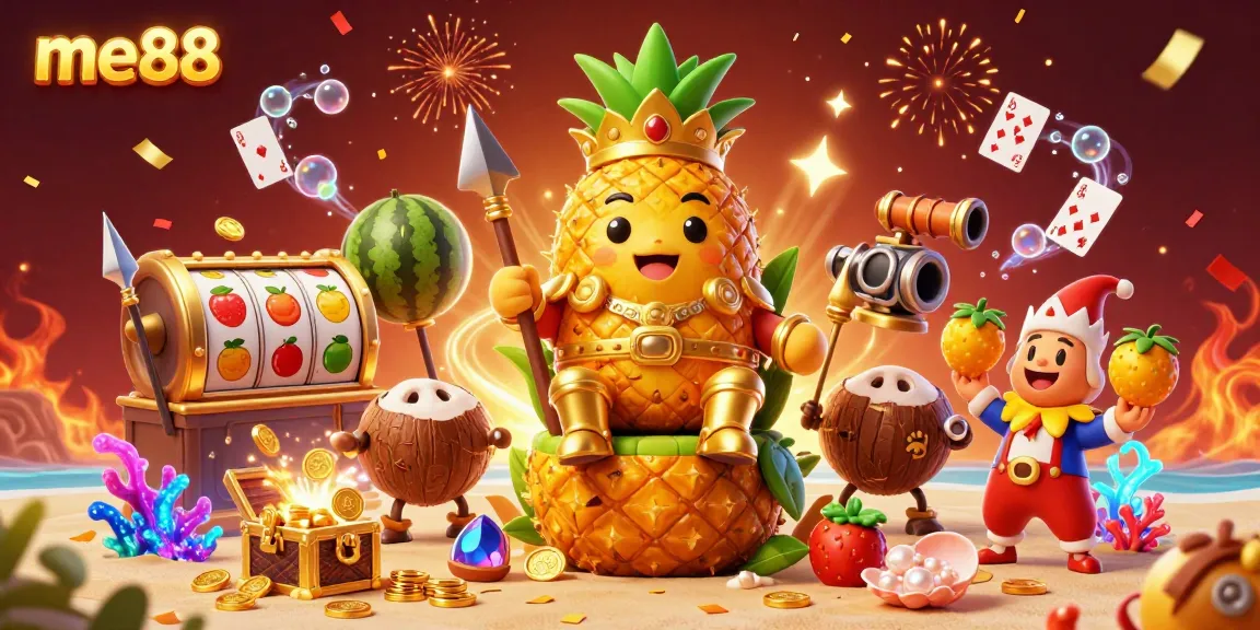 Join the action at me88 with a vibrant beach casino scene featuring a golden pineapple king and fun casino games.