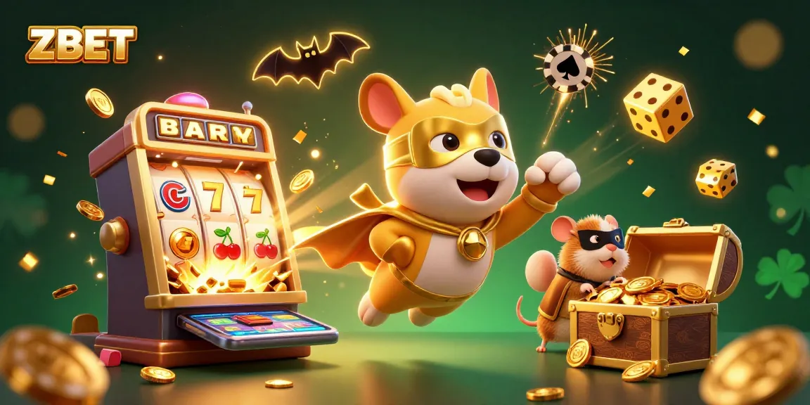 ZBET celebrates casino excitement with a superhero dog flying with gold coins in a vibrant 3D illustration.