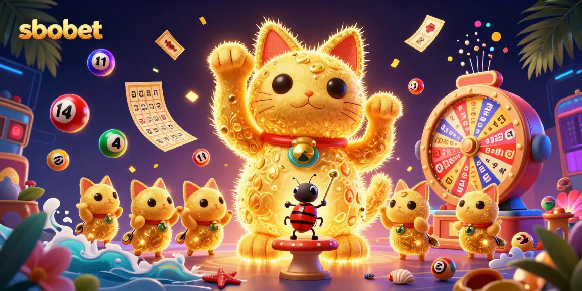 Experience thrilling sbobet betting with vibrant casino symbols and a dynamic lucky cat illustration.