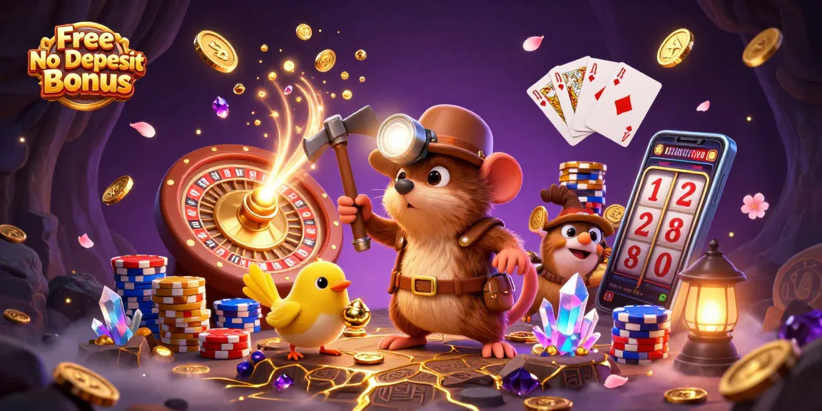 Delve into the excitement of a Free No Deposit Bonus with treasure-hunting characters and vibrant casino elements.