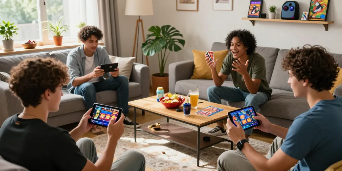 Engaging gaming scene where users download now to play slots and card games in a cozy setting.