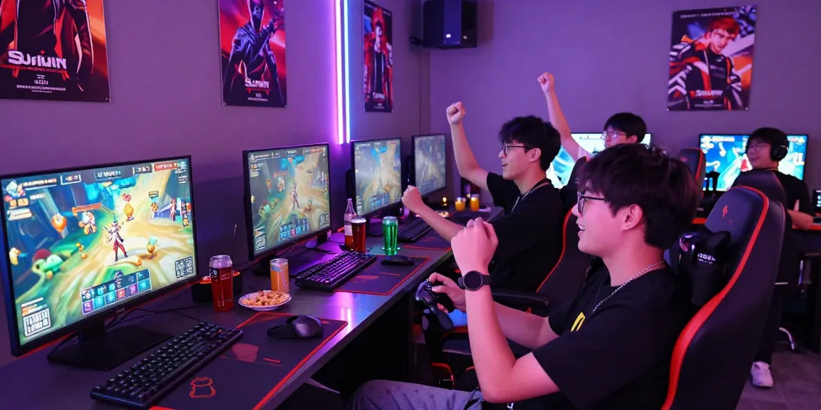 Sunwin gaming session with enthusiastic players enjoying a vibrant gaming lounge atmosphere.