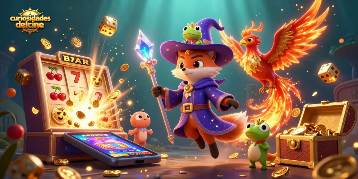 Engage with curiosidadesdelcine's vivid gambling scene, featuring a wizard fox and fiery phoenix amidst slot machines and treasure.