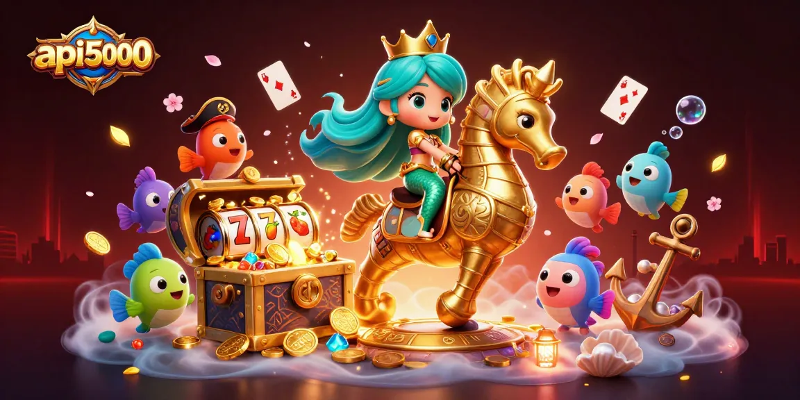 Mengakses permainan api5000 dengan slot penuh simbol buah dan jackpot berkilau di latar belakang putri duyung dan kuda laut.
