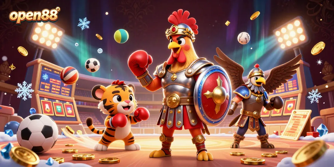 Experience thrilling action at open88 with a lively gaming scene featuring a rooster gladiator, tiger cub, and sports elements.
