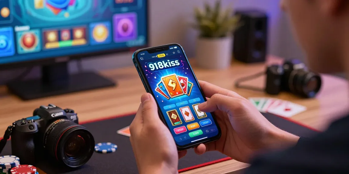 Engaging scene of a player using the 918kiss apk on smartphone surrounded by gaming elements.