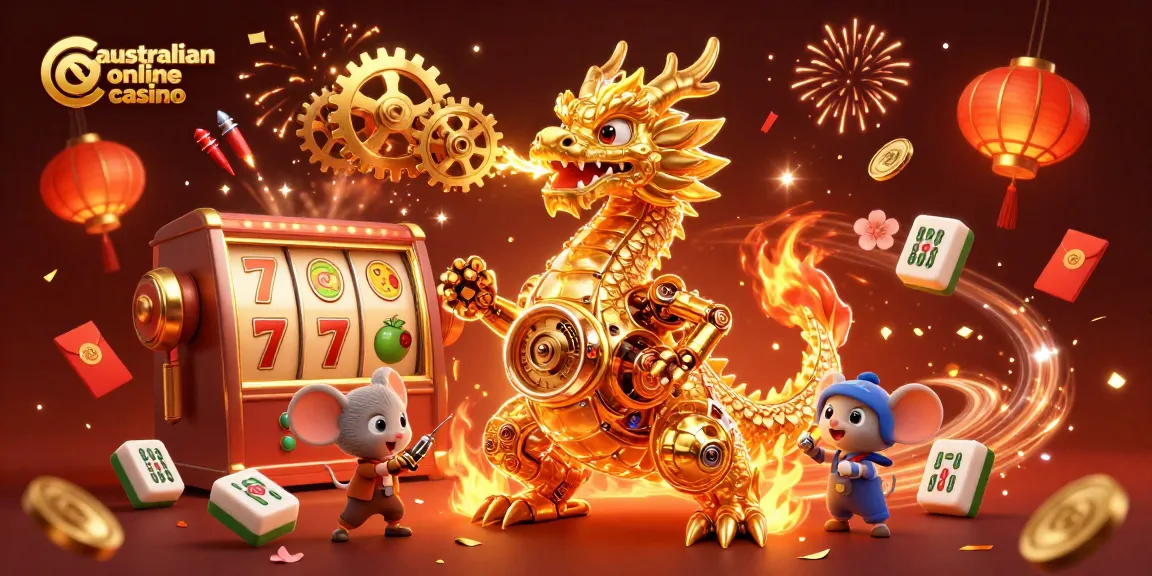 Experience the thrill of australian online casino with a golden dragon and slot elements in vibrant 3D.