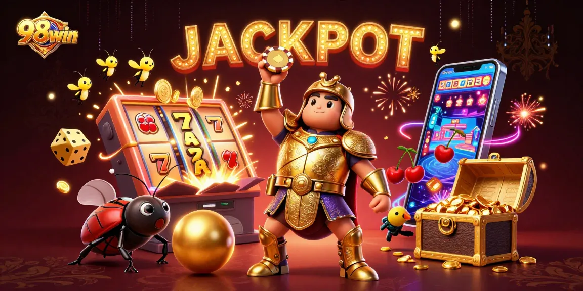 Engage with the exciting 98win gaming world showcasing jackpot wins, vibrant slot action, and fun character dynamics.