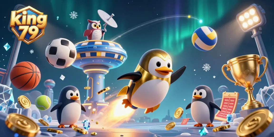 Experience the thrilling casino adventure with king 79, featuring a golden penguin soaring amidst golden coins and vibrant sports elements.