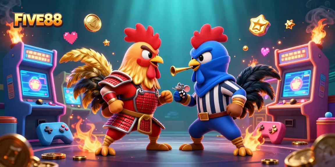 FIVE88 offers thrilling gameplay with fighting roosters in an explosive 3D casino scene.
