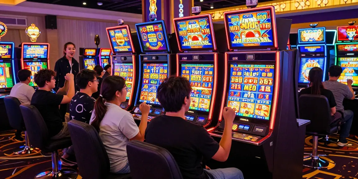 Pengalaman bermain slot gacor di kasino dengan pemain bersemangat dan mesin slot berwarna cerah.