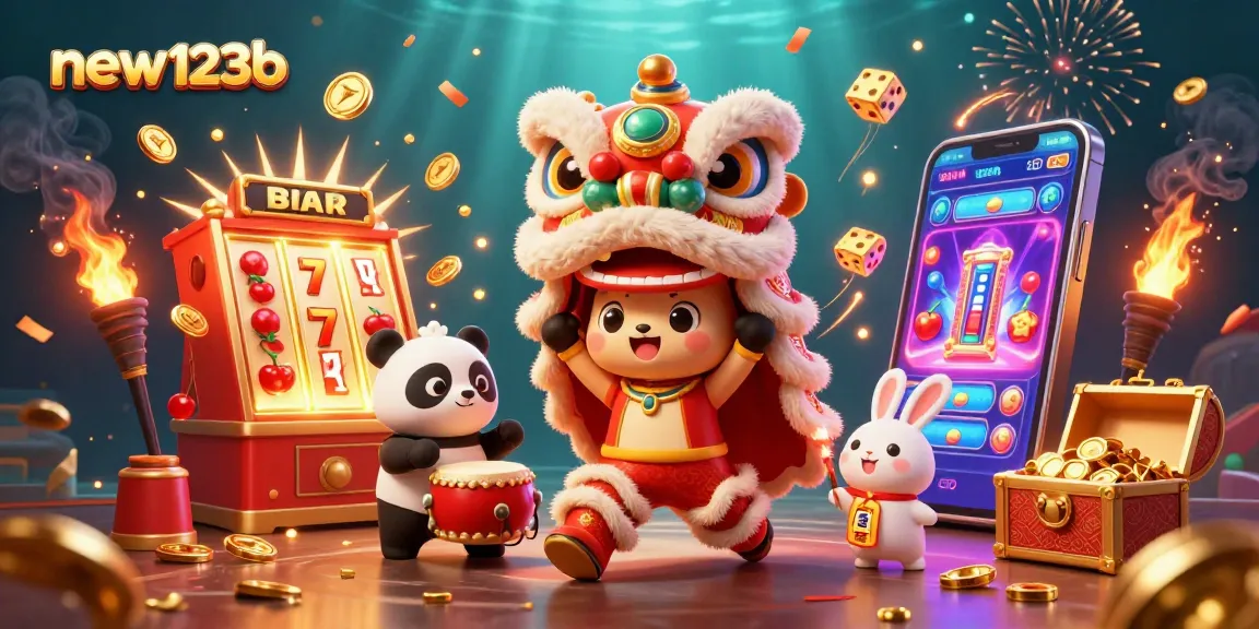 Experience the thrill of new123b with a vibrant 3D casino celebration featuring lucky symbols and festive characters.