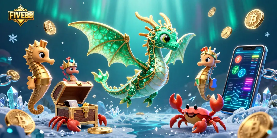 Join the excitement of FIVE88 with vibrant treasure scenes featuring dragons, crypto elements, and dynamic action!
