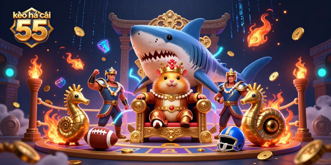kèo nhà cái 55 showcases a golden hamster king in a thrilling sports betting arena with royal companions and dynamic elements