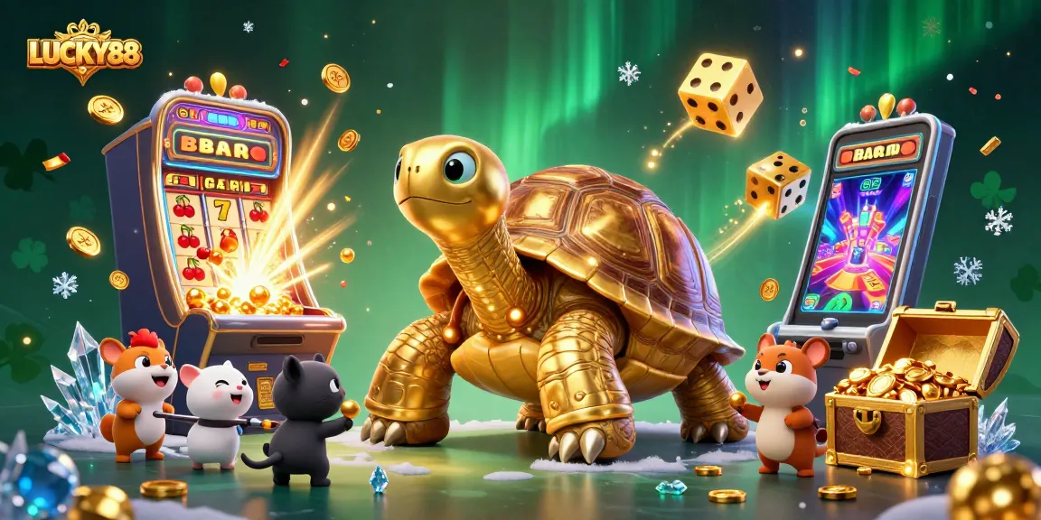Experience LUCKY88's vibrant casino world with a playful tortoise and exciting games!