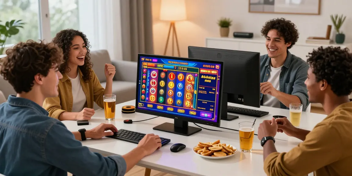 Teman bermain bersama di ruang tamu merayakan kemenangan slot jackpot.